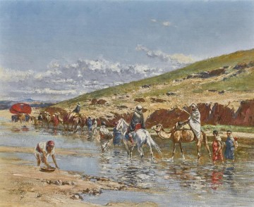 Víctor Huguet Painting - Cruzando el Wadi Victor Huguet Orientalista